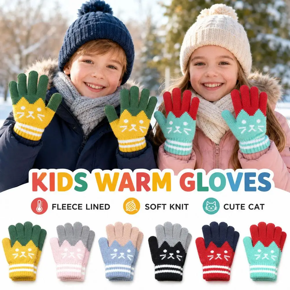 Cute Cat Winter Kids Gloves Warm Toddler Gloves for Boys Girls Outdoor, Full Finger Fluffy Soft Mittens for 6-10 Years Children