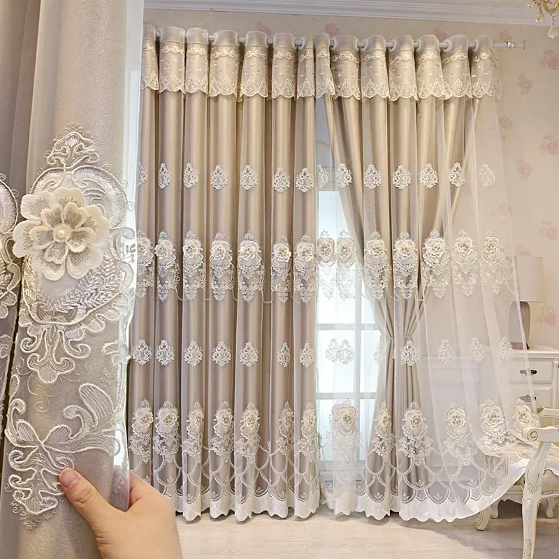 Embroidered Luxury European Double Layer Tulle Curtains for Living Room Bedroom Windows Elegant Pink Khaki Hall Customize