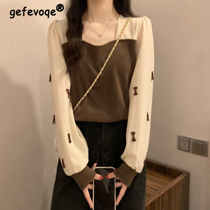 Korean Women Sweaters Patchwork Long Sleeve T-shirt Spring Autumn Square Collar Sweater Slim Fit Top Pullover Sweater Outer Wear