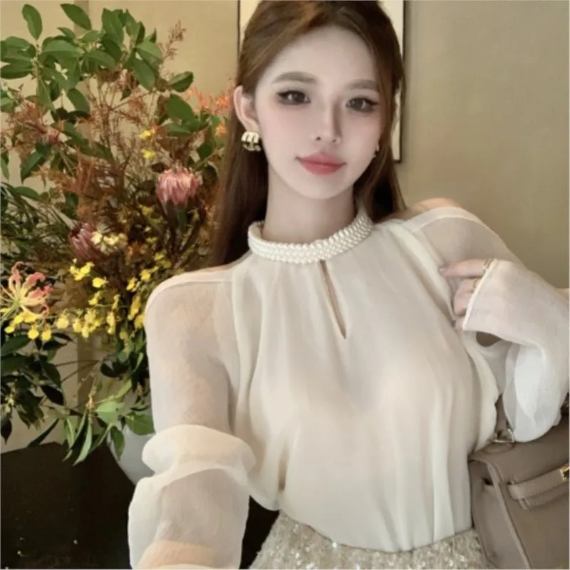 

Heavy-Duty Halter Pearl Collar off-Shoulder Shirt Women's Thin Design Sense Niche Tea Break Top