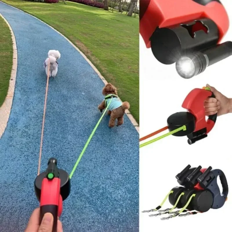 2 in 1 Multi-functional Dog Leash Double-ended Automatic Retractable Dog Leash 360° Swivel No Tangle Walking Leash with Lights