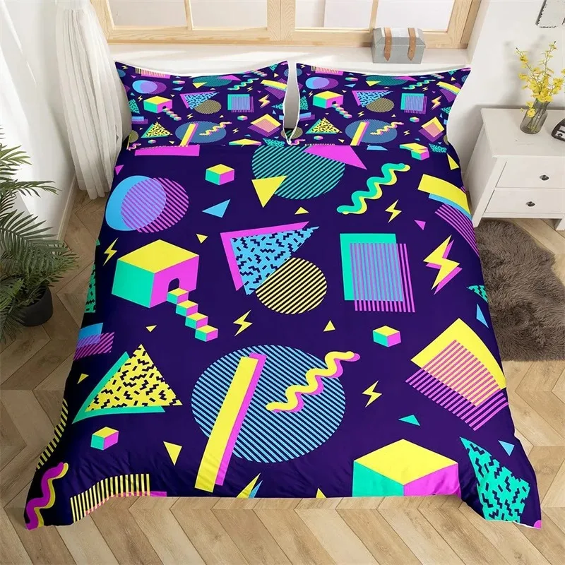 Psychedelic 3D Geometric Duvet Cover Microfiber Colorful Pop Abstract Art Comforter Cover Retro 80s Style Bedding Set Queen Size