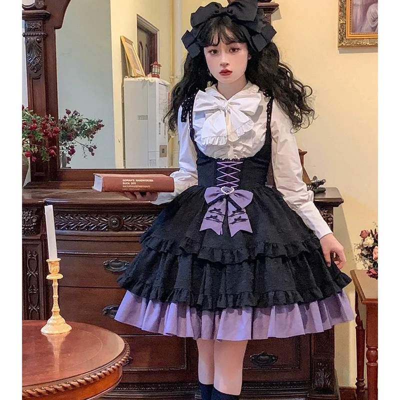 Mysterious Elegant Cosplay Lolita Bow Chest Corset Kawaii Girl Ruffled Jsk Sweet Straps Pearl Love Buckle Frill Cake Skirt