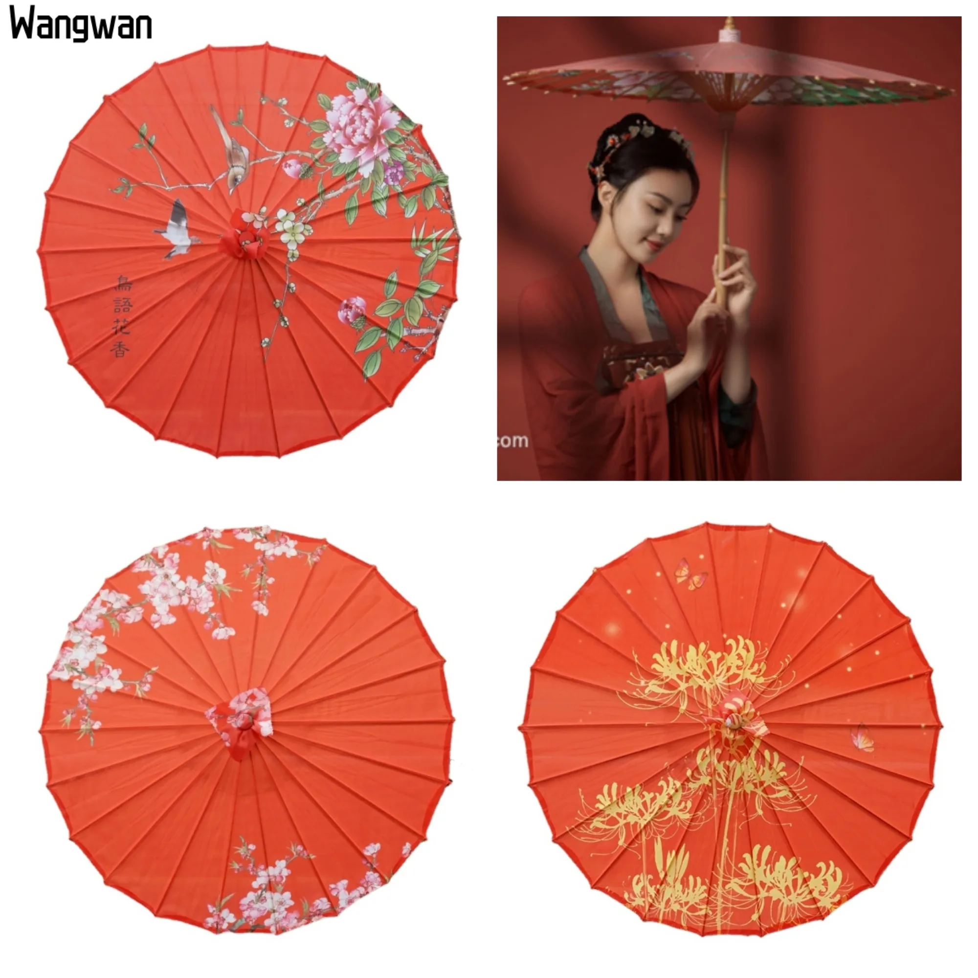 Women\'s Qipao Silk Cloth Oil Paper Umbrella Rain Decor Vintage Dance Prop Red Flower Sun Uv Rainproof Chinese Wedding Parasol