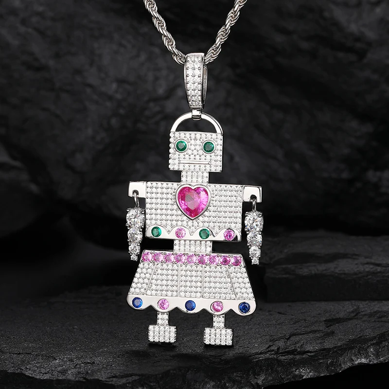 

New Design Moissanite Custom Color Robot Pendant Chains Real Silver 925 D VVS Diamond Certificated Hip Hop Charm Jewelry Gifts