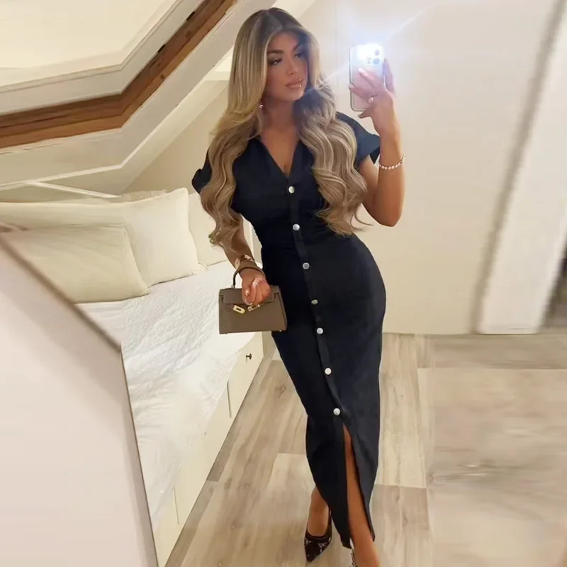 レディースデニムワンピース 夏 2025 ボタン ボディコン ブルー ドレス ラッフル バットウィングスリーブ ロングドレス シック カジュアル ビーチ ワンピース 066