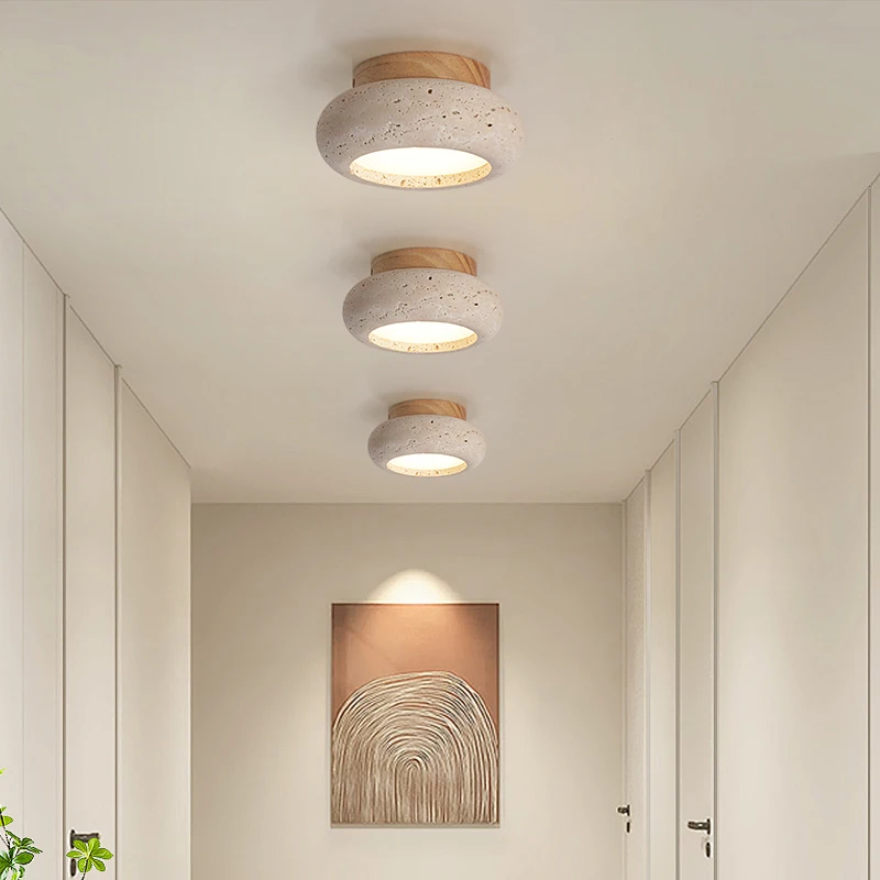 IWHD Wood Canopy LED Ceiling Light Fixture Nordic Modern Simple Ellipse Natural Yellow Travertine Ceiling Lamp Lamparas De Techo