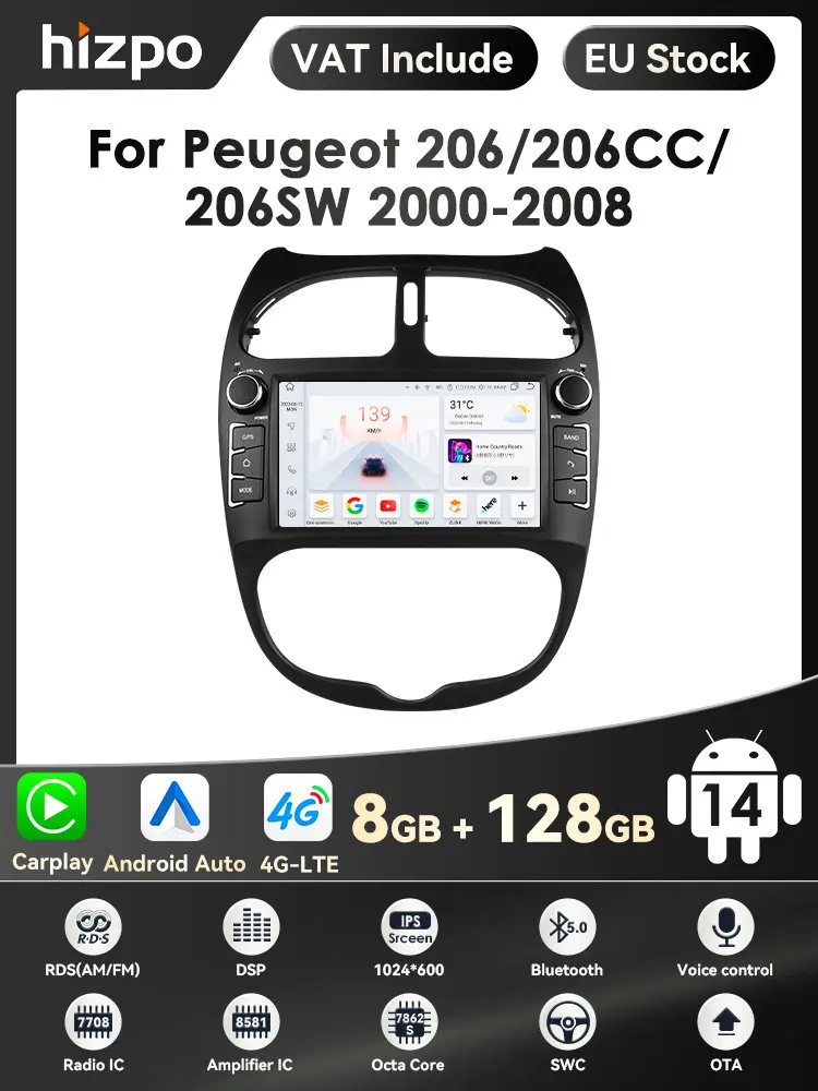Voor Peugeot 206 2001-2008 Autoradio Multimedia Video Player Navigatie GPS 4G Carplay Android 14 AutoRadio stereo 7 ''Hoofd Unit - afbeelding 2