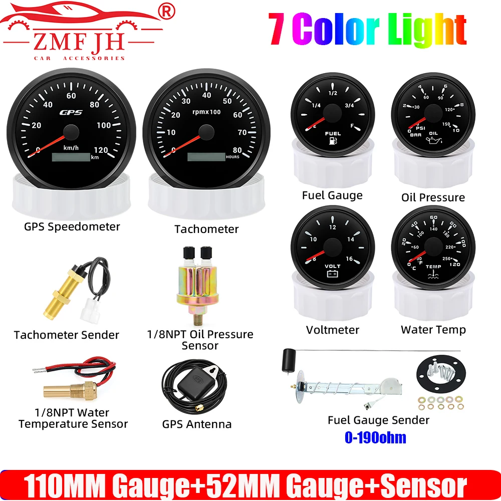 6 Gauge Set with Sensor 7 Color Light 110MM GPS Speedometer 120KMH Tachometer 52MM Water Temp Oil Pressure FUel Level Gauge VOLT