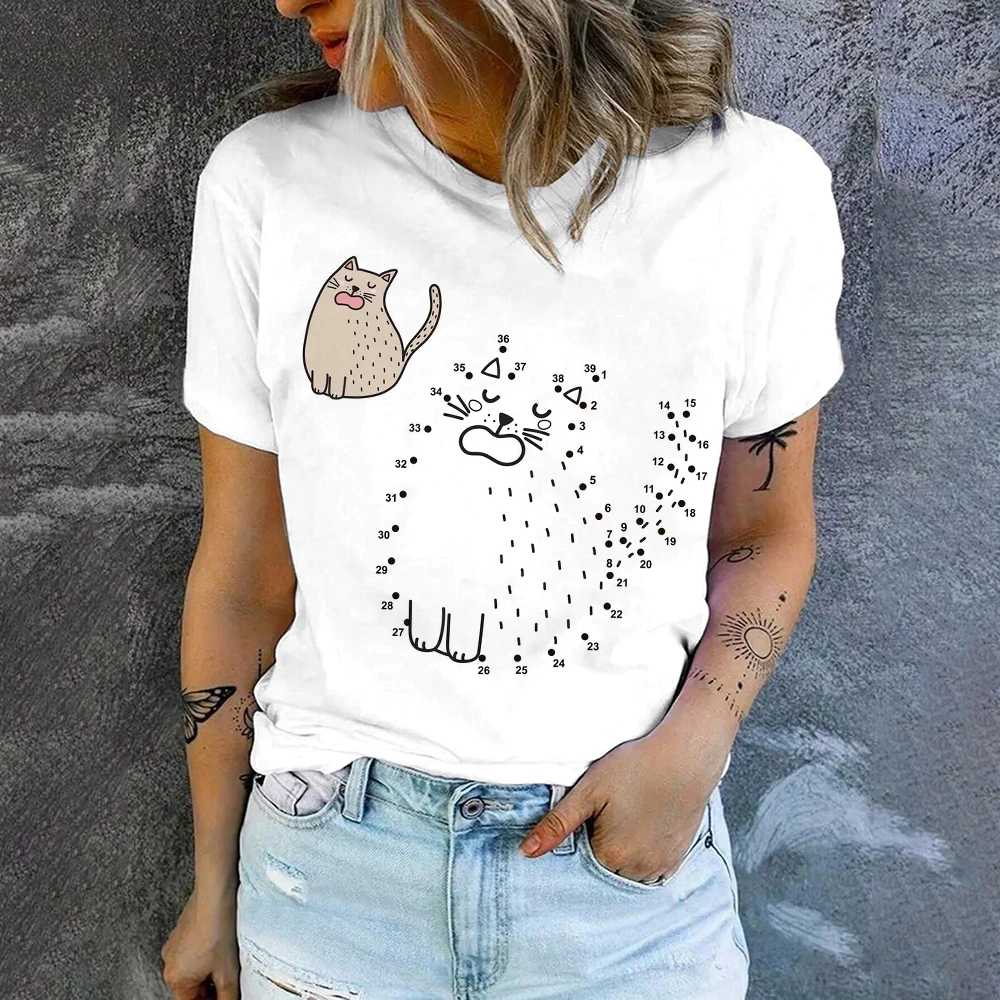 New Summer Casual Daily Short Sleeve Fashion Trend High Quality Women\'s T-shirt Cartoon Cat Print Loose Comfortable Short Sleeve