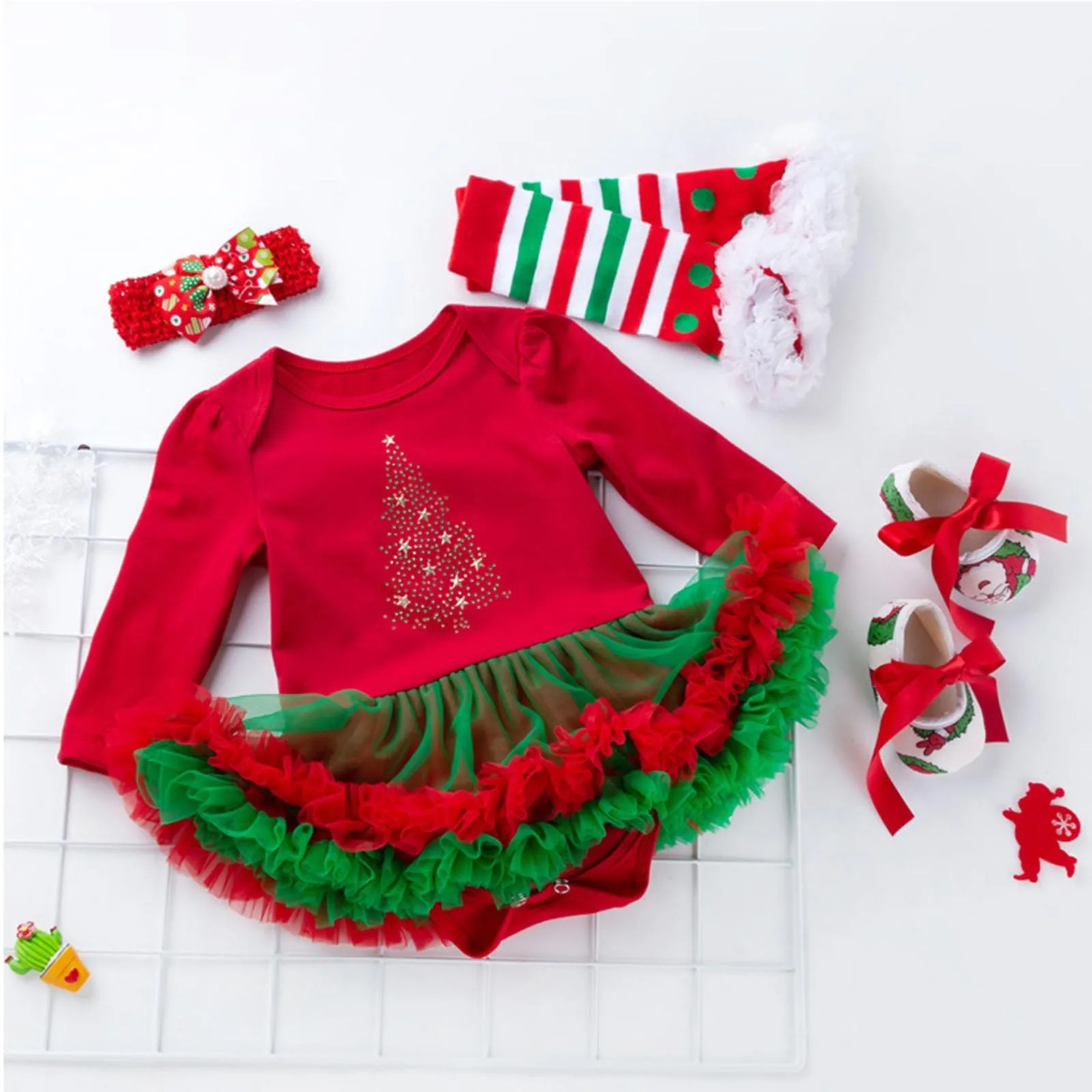 Christmas Baby Girl Holiday Clothes Baby Princess Haori Dress 4-piece Set Spring and Autumn Long-sleeved Red Green Wrap Dress