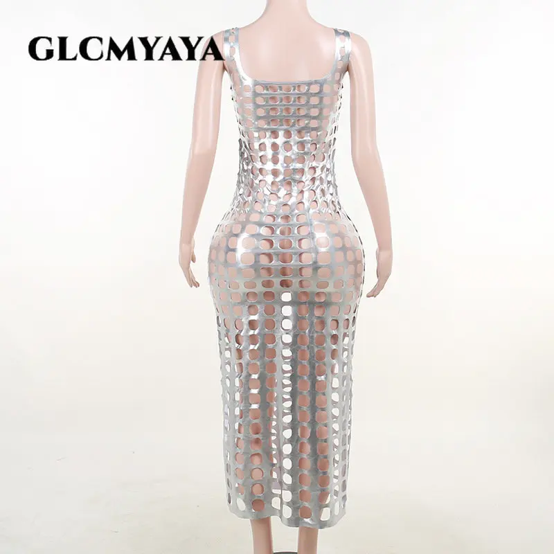 GLCMYAYA Faux Leather Women Cutout Hollow Out Sleeveless Bodycon Midi Dress Maxi 2023 Chic Party Club Even Prom Dresses Vestidos