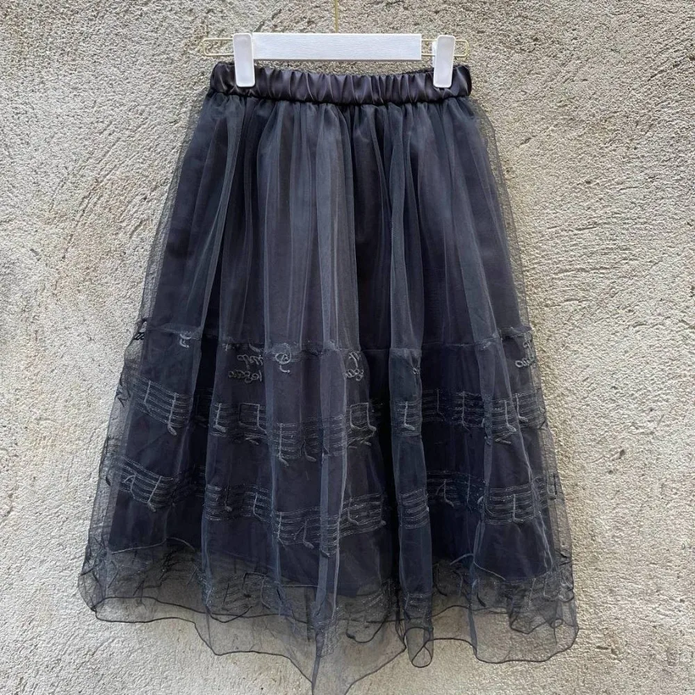 Musical Note Embroidery Ropa Mujer High Elastic Waist Mesh Skirt 2026 New Zip Skirts Spring Summer Faldas Temperament Jupe