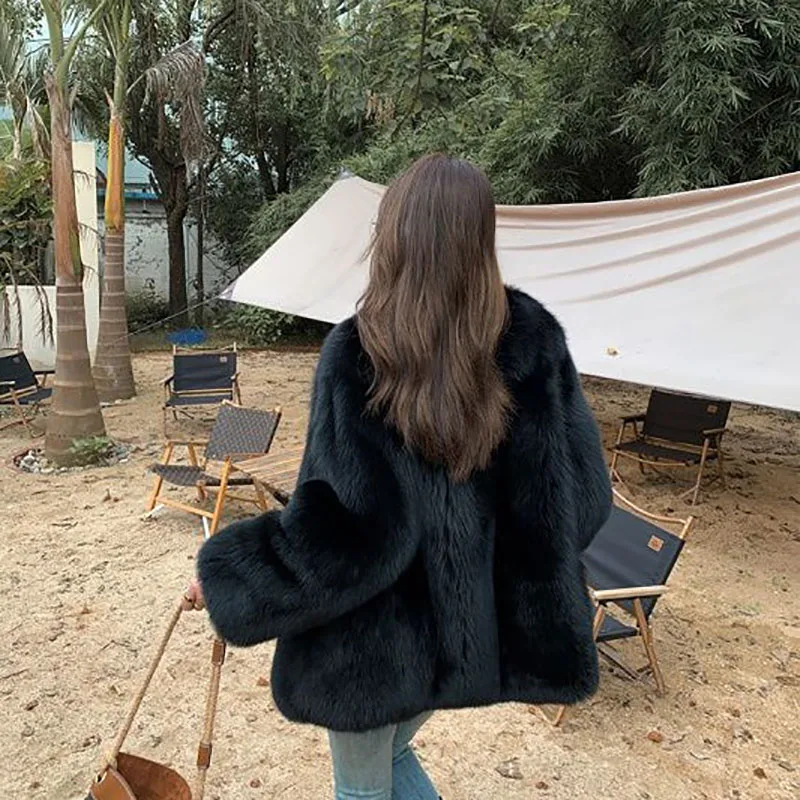 High-End Women's Anti-Fox Fur Jacket Eco-Friendly Mid-Length Warm Thick Autumn Winter Outerwear Loose Fit Overcoat