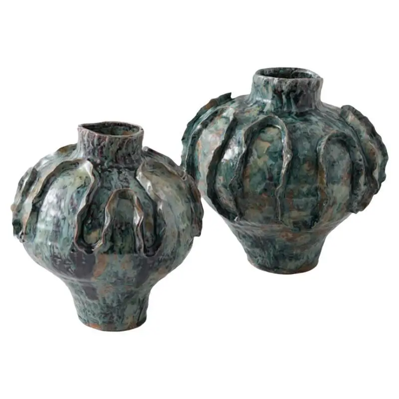 Wabi Sandy Wind Zen Mottled Ink Wash Ceramic Vase Ornament B & B Hotel Retro New Chinese Edge Pinching Flower Ornament
