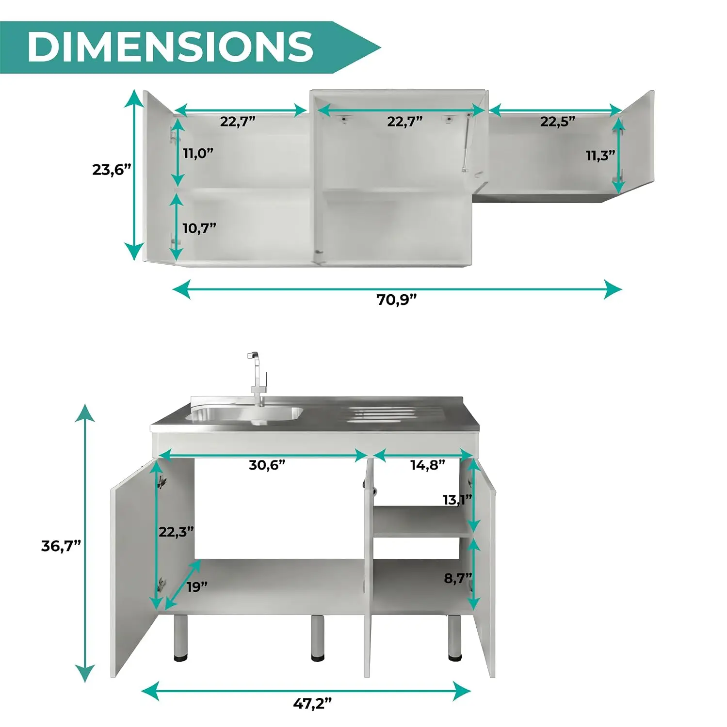 Kitchen Cabinet Set with Stainless Steel Sink, 8 Shelves, 3-Door Base & 5-Door Wall Cabinet, Home Storage, Customized