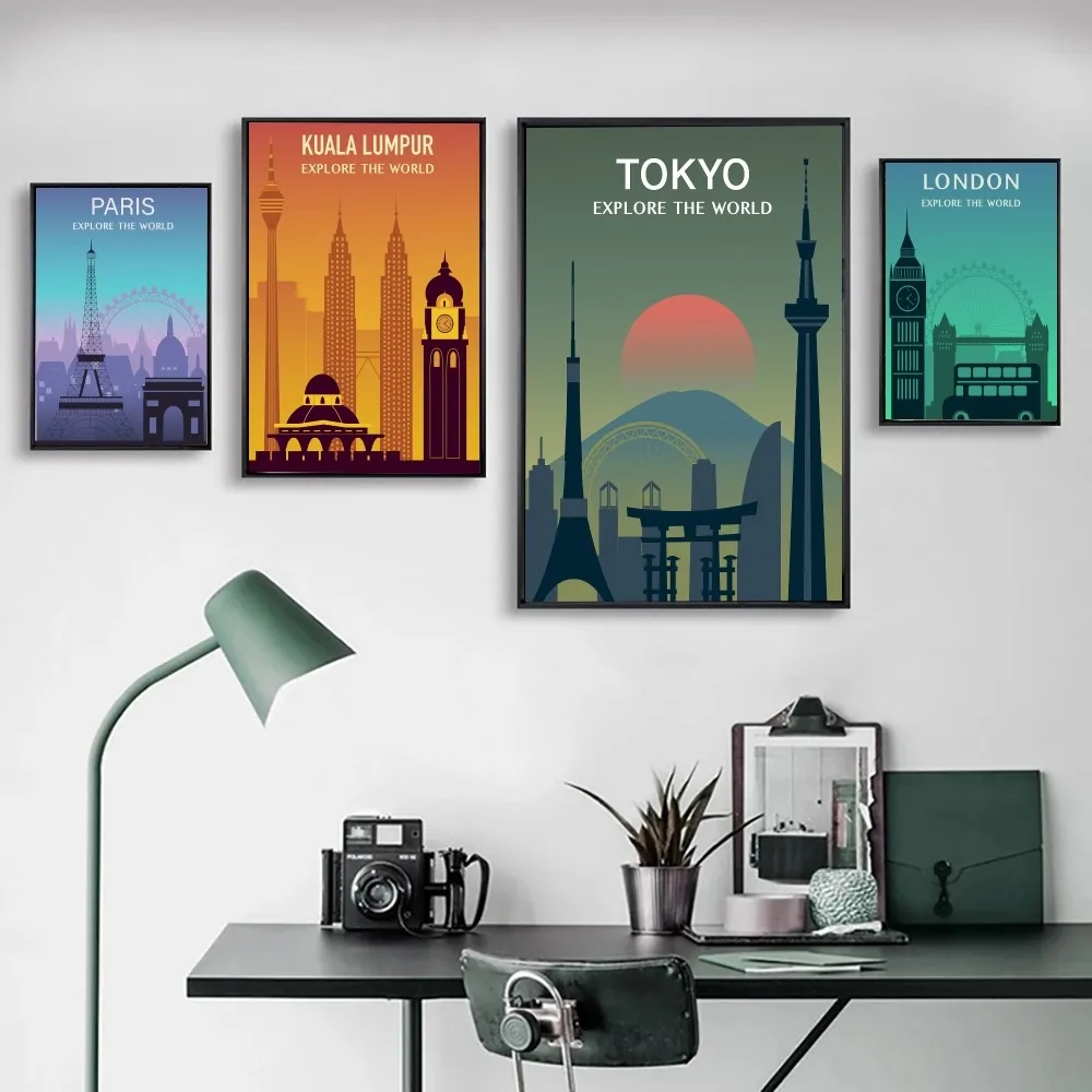 World Cities Travel Poster Posters Kraft Paper Vintage Poster Wall Art Painting Study Aesthetic Art Small Size Wall Stickers