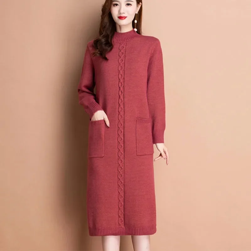 Autumn Winter Women Knit Dress New Long Sleeve Party Midi Dress Ladies Half High Collar Loose Elegant Knitted Sweater Dresses