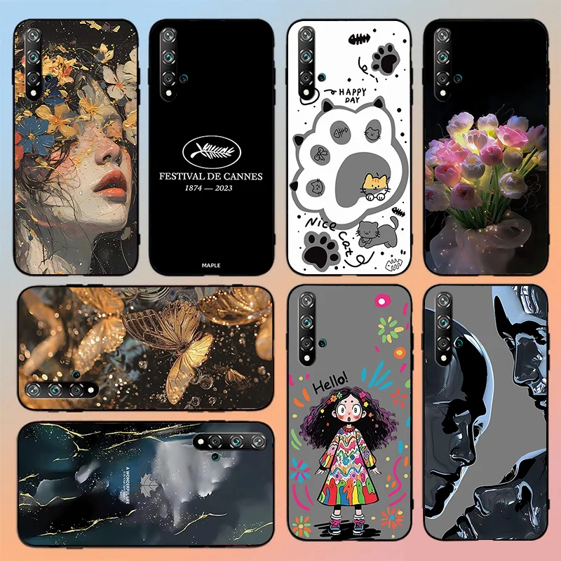 Maple leaf watercolor oil painting For huawei nova 5T Double splicing dragon head wood grain TPU Black Soft Phone Case Princess