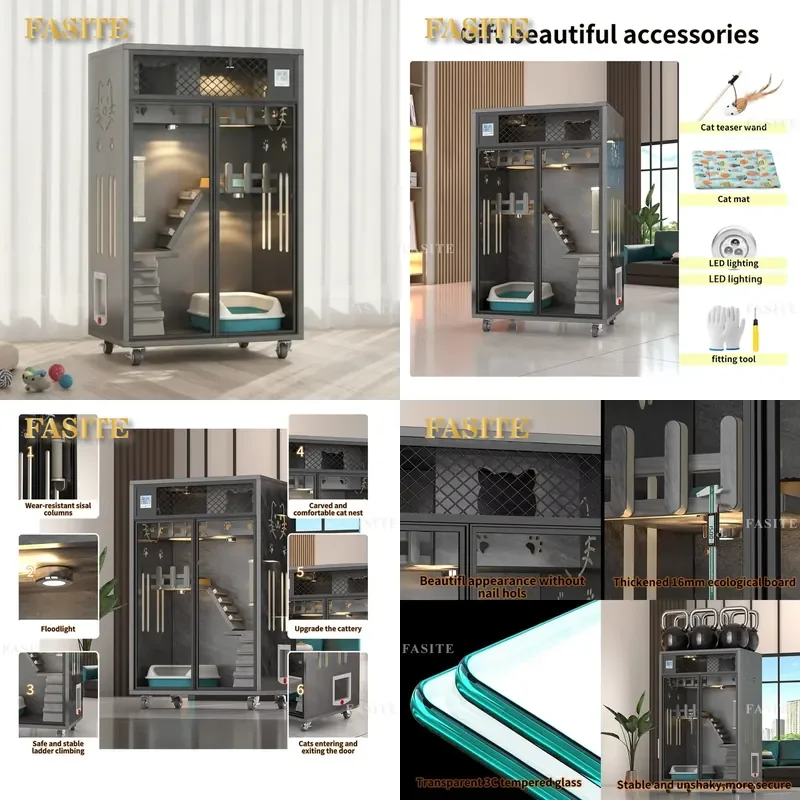 For Luxury Modern Solid Wood Cat Villa Breathable Waterproof Nest Indoor Movable Pet Cage House with Four Universal Wheels