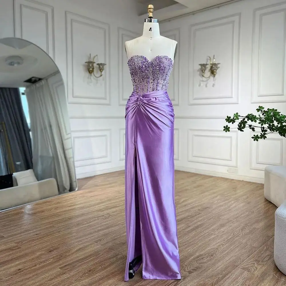 Luxury Dubai Lilac Splitstrapless Mermaid Beaded Arabic Evening Dresses Gowns for Women Wedding Party 2024 vestidos de fiesta