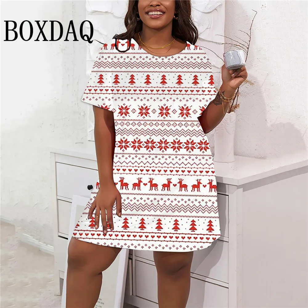 Snowflake Print Christmas Party Women\'s Dresses Casual Short Sleeve Elegant Ladies Xmas Dress Winter Plus Size Fashion Clothing