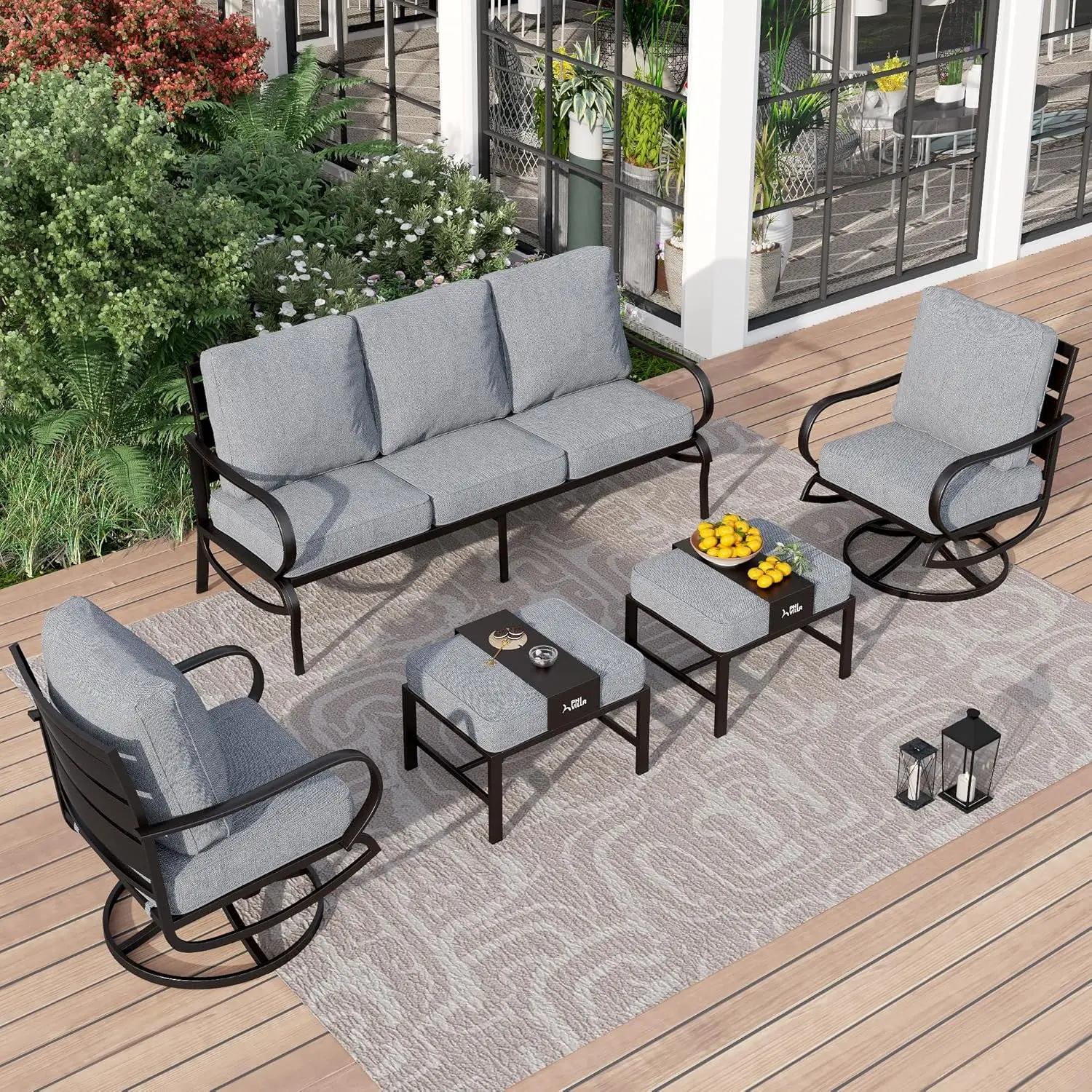 5 PCS Patio Furniture Set,Metal Deluxe Patio Set with 1 x 3 Seater Deep Seating Bench, 2 x Swivel Sofa Chairs