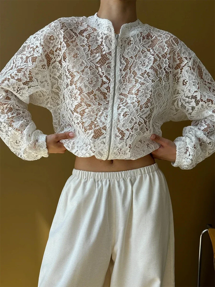 Wolfeel 2026 Autumn New Collection Zipper Hollow Perspective Stand Collar Lace Elegant Style Women's Fashion Short Coat