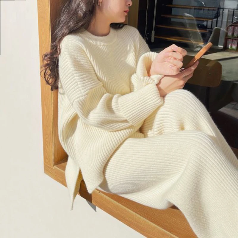 Fall Winter Elegant Women Knitted 2 Piece Sets Warm Korea New Casual 0-neck Sweater Tops Conjunto Soft High Waist Pants Outfit