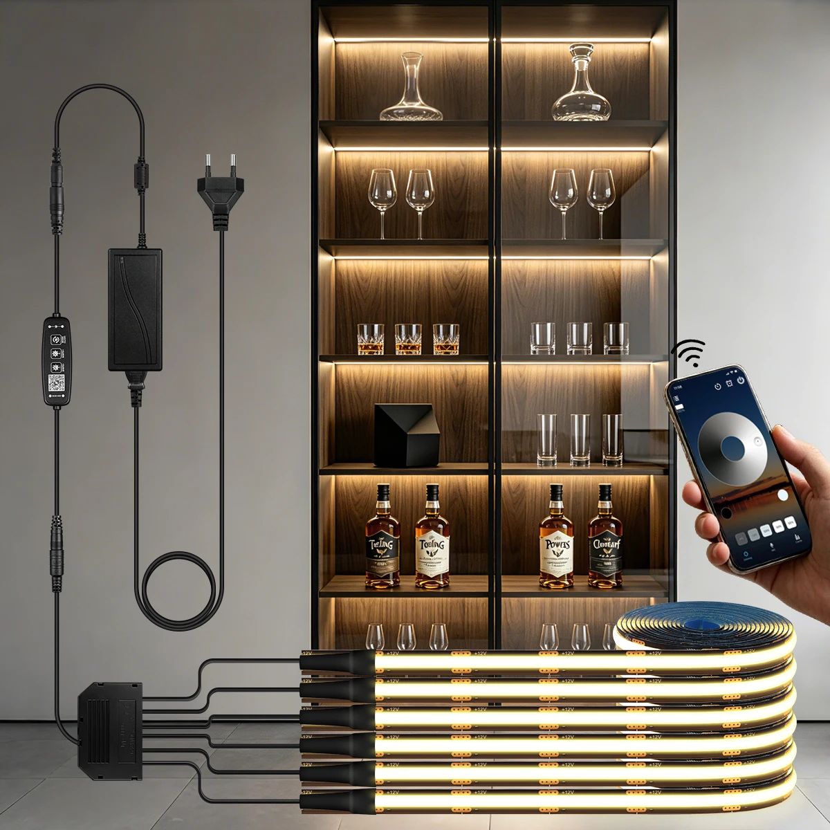 Smart Bluetooth Remote 12V Black PCB COB LED Strip Lights Dimmable Under Cabinet Light For Bookshelf Acoustic Wall Panel Decor