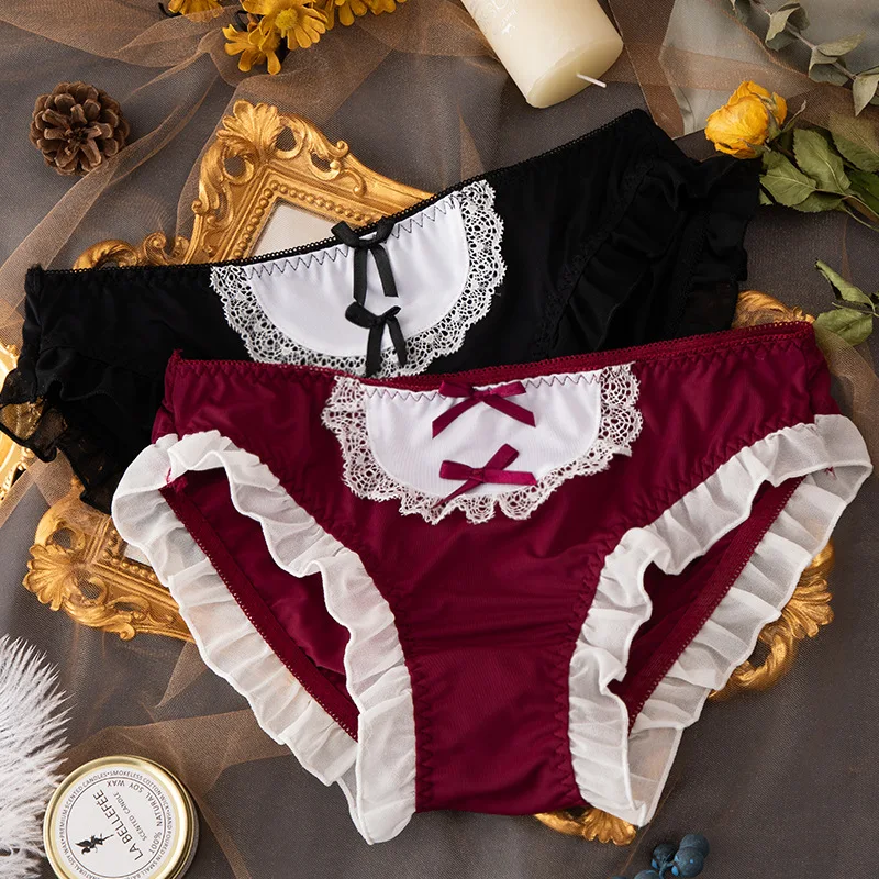 Ice Silk Lolita Lace Women Briefs Maid Cosplay Japanese JK Girls Panties Underwear Female Sexy Cute Bowknot Student Lingerie