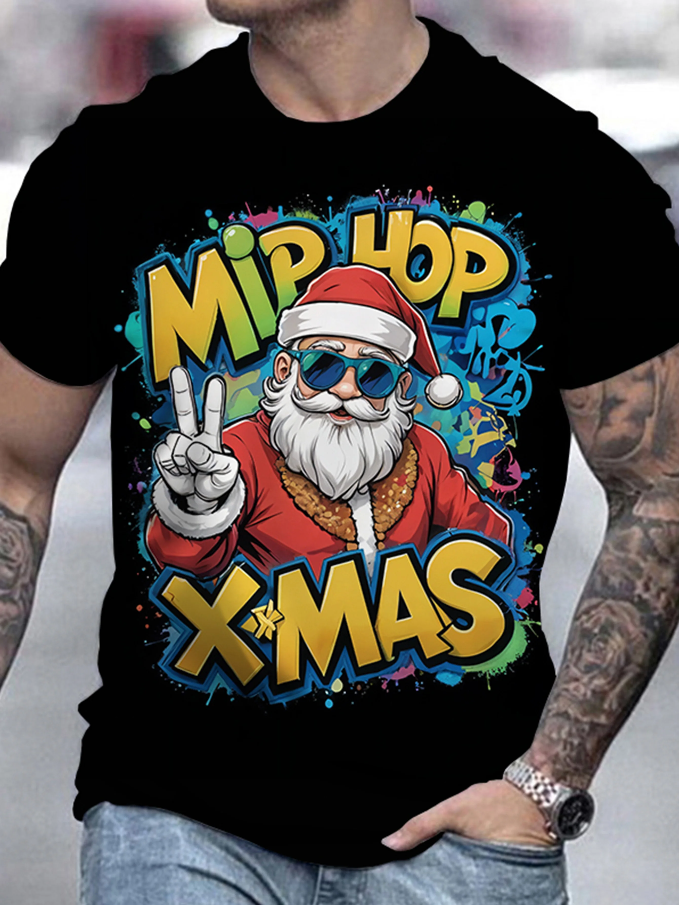 Fun Cartoon Santa Claus Men's T-shirt 3D Color Christmas Elements Short Sleeve Top Outdoor Street Hip Hop X'mas Party Men Clothe