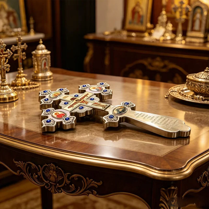 Neues Premium-Orthodoxes Brustkreuz mit Emaille-Ikonen und blauen Kristallen für Priester, Geistliche, Liturgische Kleidung und Segnung. – Detail 4