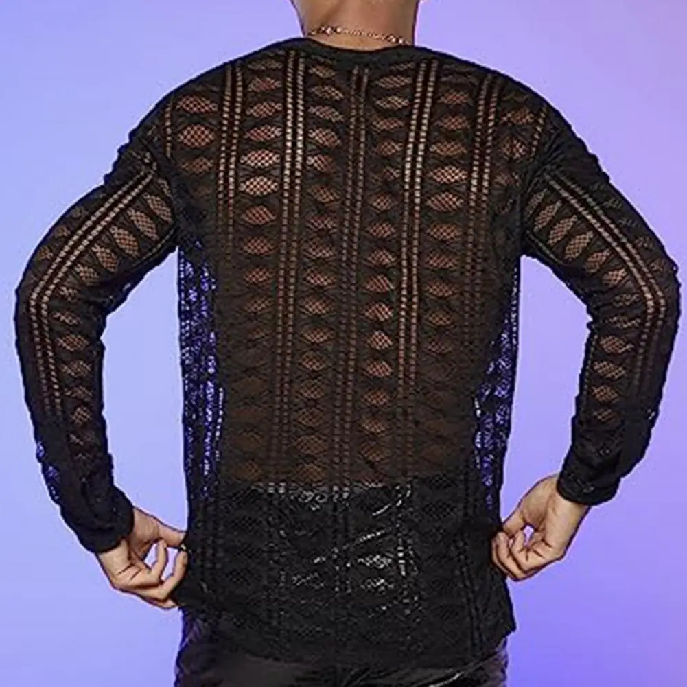 

Deep V-neck Men Shirt Men's Hollow Out Fishnet Club Shirt with Deep V Neck Long Sleeves Slim Fit Streetwear Top for Nightclub