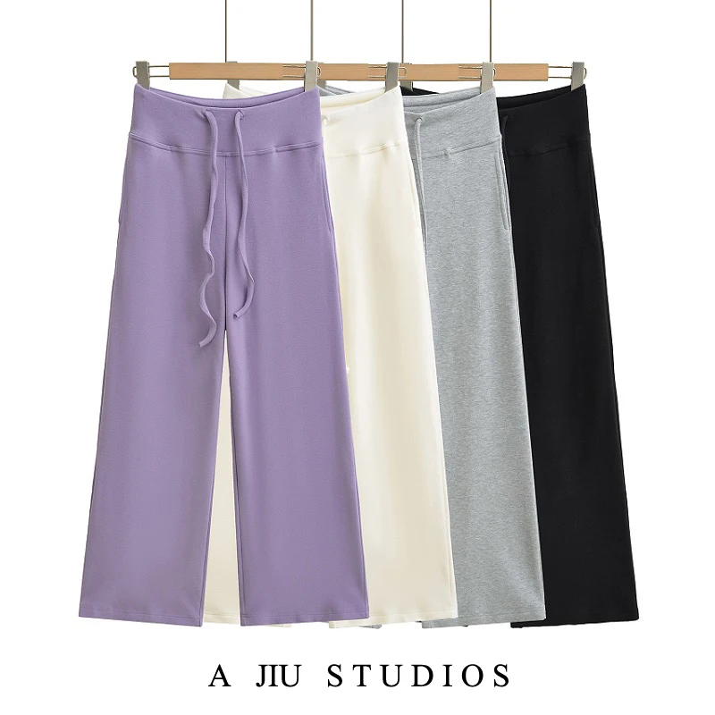 

Американские повседневные спортивные брюки с высокой талией и шнурком, прямые, свободные, струящиеся, универсальные, широкие, длинные, для женщин