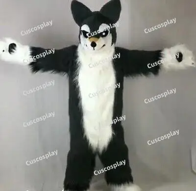 

Black Long Fur Furry Fox Wolf Husky Dog Mascot Costume Fursuit Adult Cartoon Annual Celebration Amusement Park