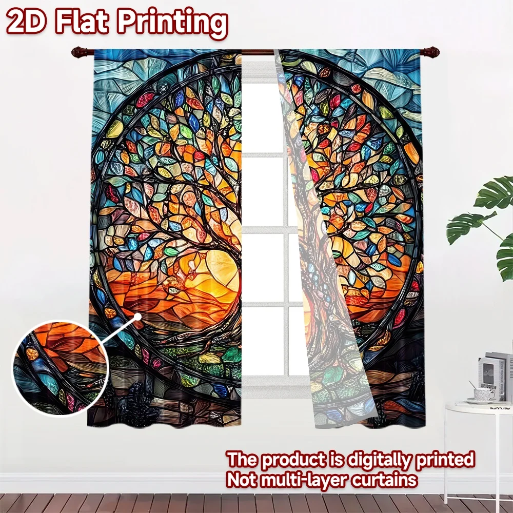 2D flat 2pcs Curtain French Romantic Style Curtains Stained Tree Sunset Digitally printed polyester, colorfast Party Decorations
