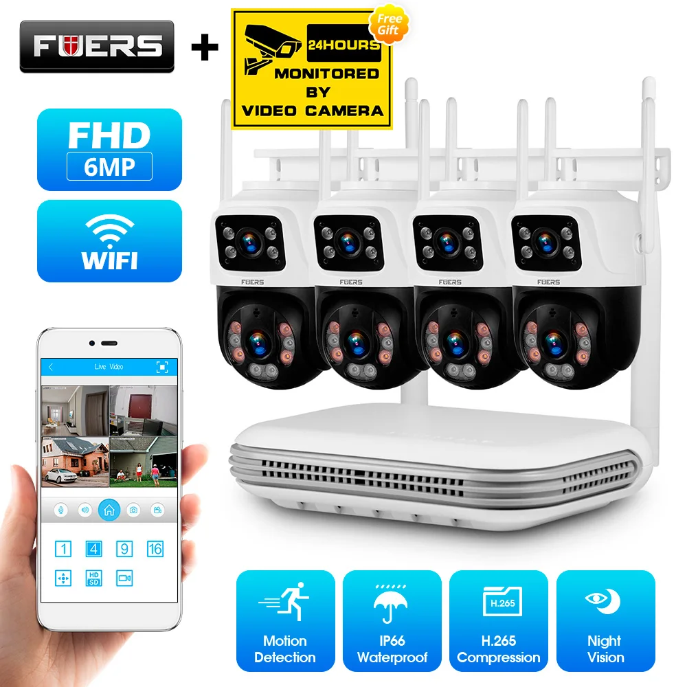 Уличная IP-камера Fuers H.265 6 МП, Full HD 8 каналов, беспроводной сетевой видеорегистратор, система видеонаблюдения с Wi-Fi, видеорегистратор с