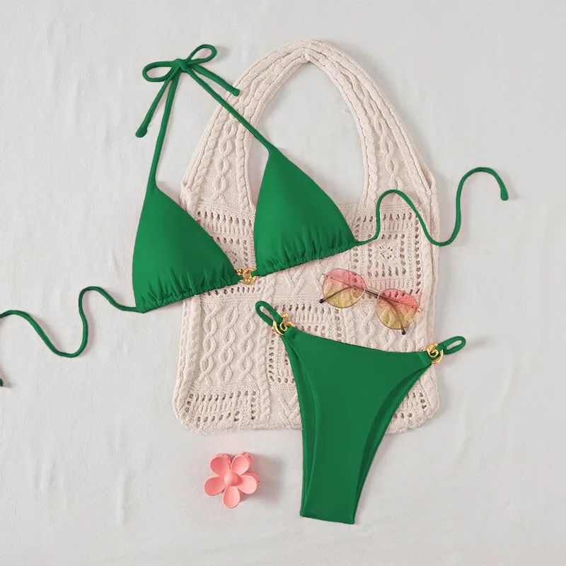 

Women Bikini Set Low-cut Pleated Push Up Backless Sexy Conch Bikini Set Lace Up Solid Thong Halter Neck Bathing Suit Swimwear
