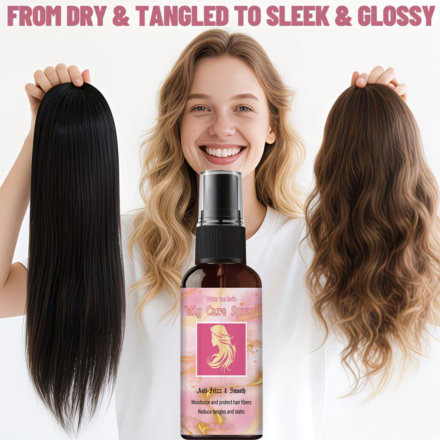 Water Ice Levin Wig Care Spray Anti-Frizz Smooth Moisturizes Protects Hair Fibers Reduces Tangles Static Wig Maintenance 30g