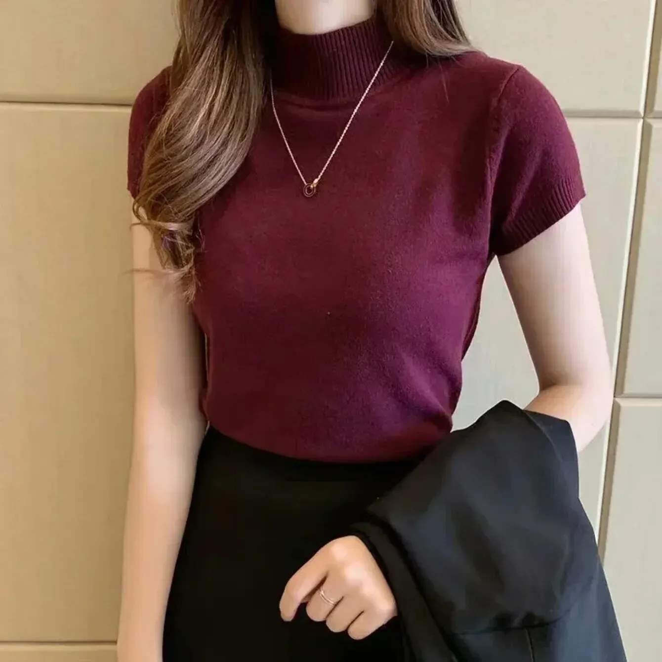 Women's Half-High Neck T-Shirt Fashion Jumper Casual Tops Korean Style Elegant Solid-Coloured Clothing Spring And Summer Season