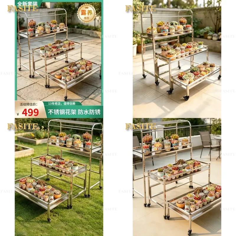 For Stainless Steel Multi-Layer Ladder Flower Stand Floor-to-Ceiling Plant Rack for Terrace Courtyard Outdoor Succulent Pot