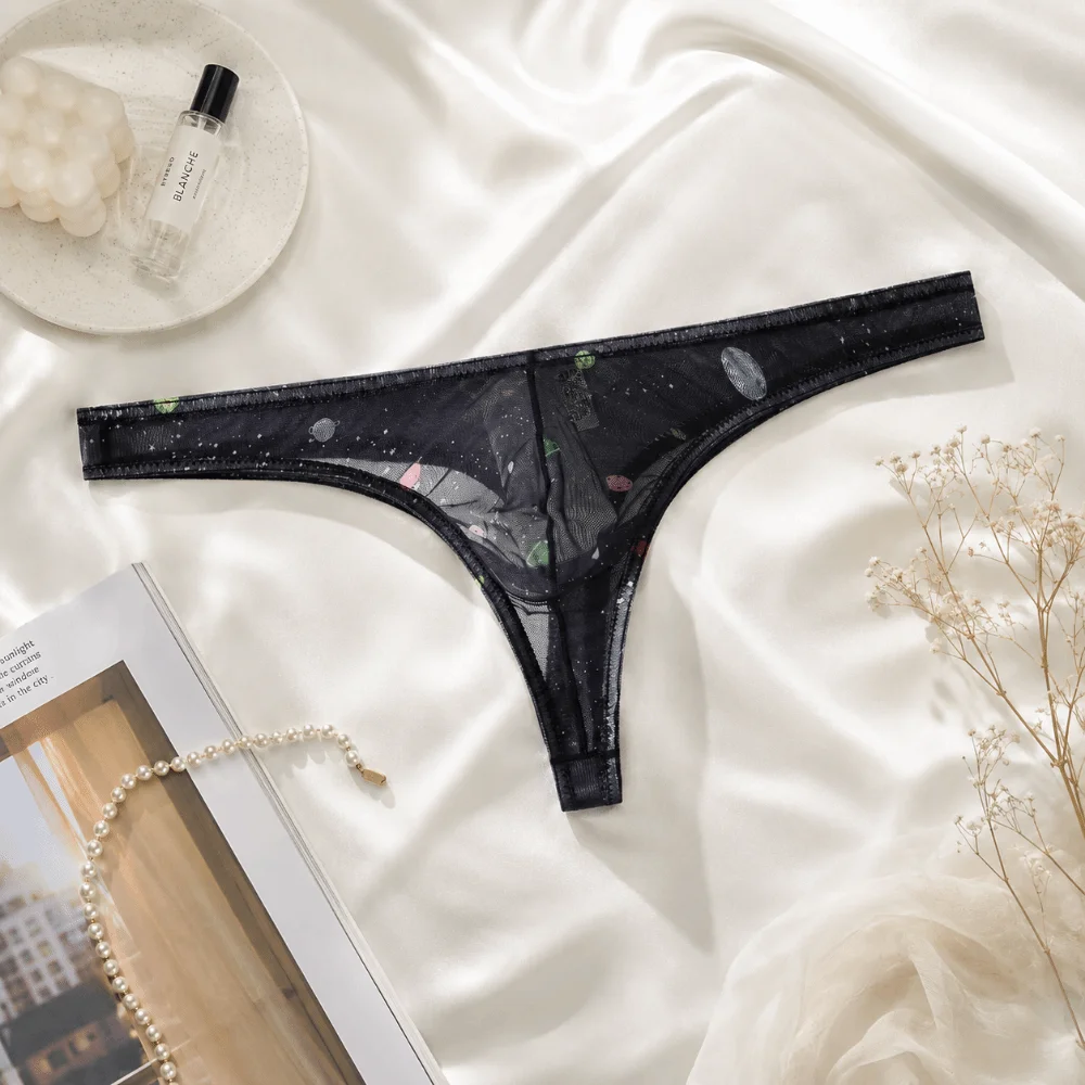 Fashion Stylish Mesh Men Thong Transparent Low Waist Printed Panties Ice Silk Lingerie T-back Briefs Summer Season
