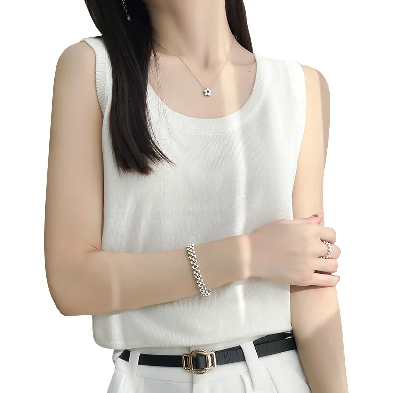 Primavera novedad de verano, chaleco tejido de seda de hielo, traje interior de seda para mujer, Top con tirantes, chaleco sin Sve para mujer