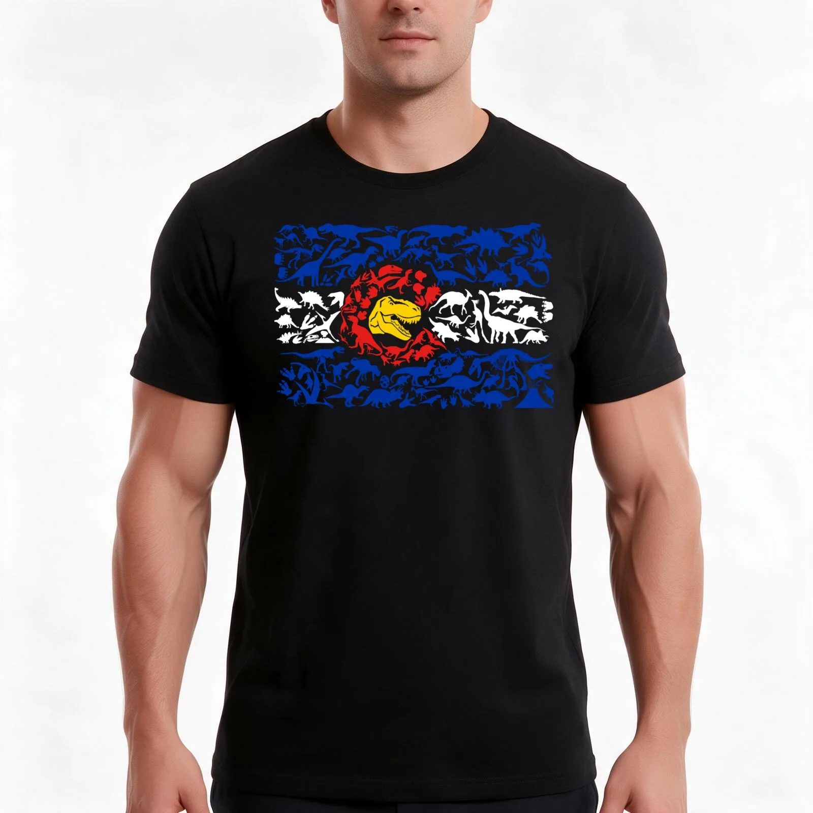 Colorado Caliber Dinosaur Flag T-Shirt, Summer Casual Cotton Tee, Oversized Streetwear Tops, Vintage Graphic Print, 100% Cotton