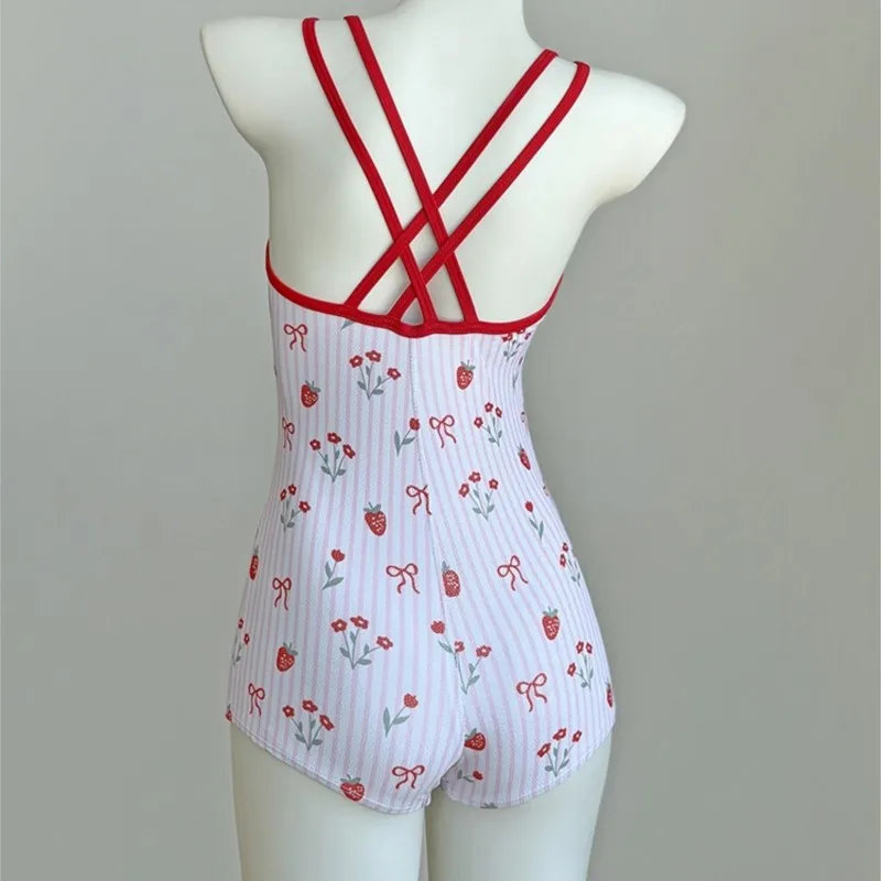 Women One Piece Boyshort Swimsuit Cute Strawberry Floral Print Cross Back Swimwear, Quick Dry Professional Racing Bathing Suit