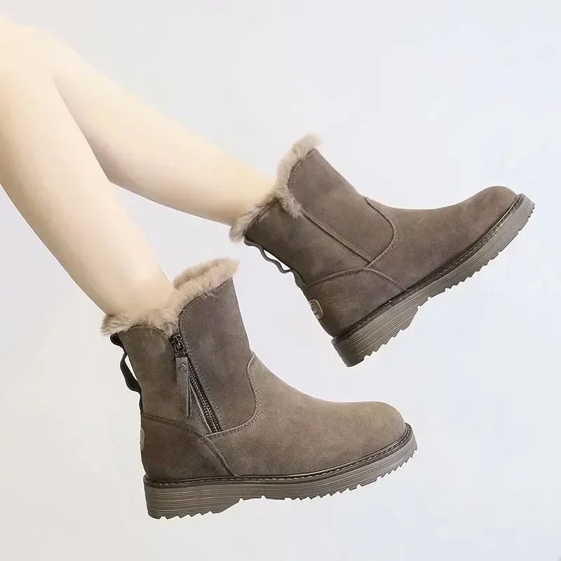 2024 Hot Sale Shoes Female Zipper Women's Boots Winter Round Toe Solid Flock Plush Warm Low-heeled Concise Snow Naked Boots