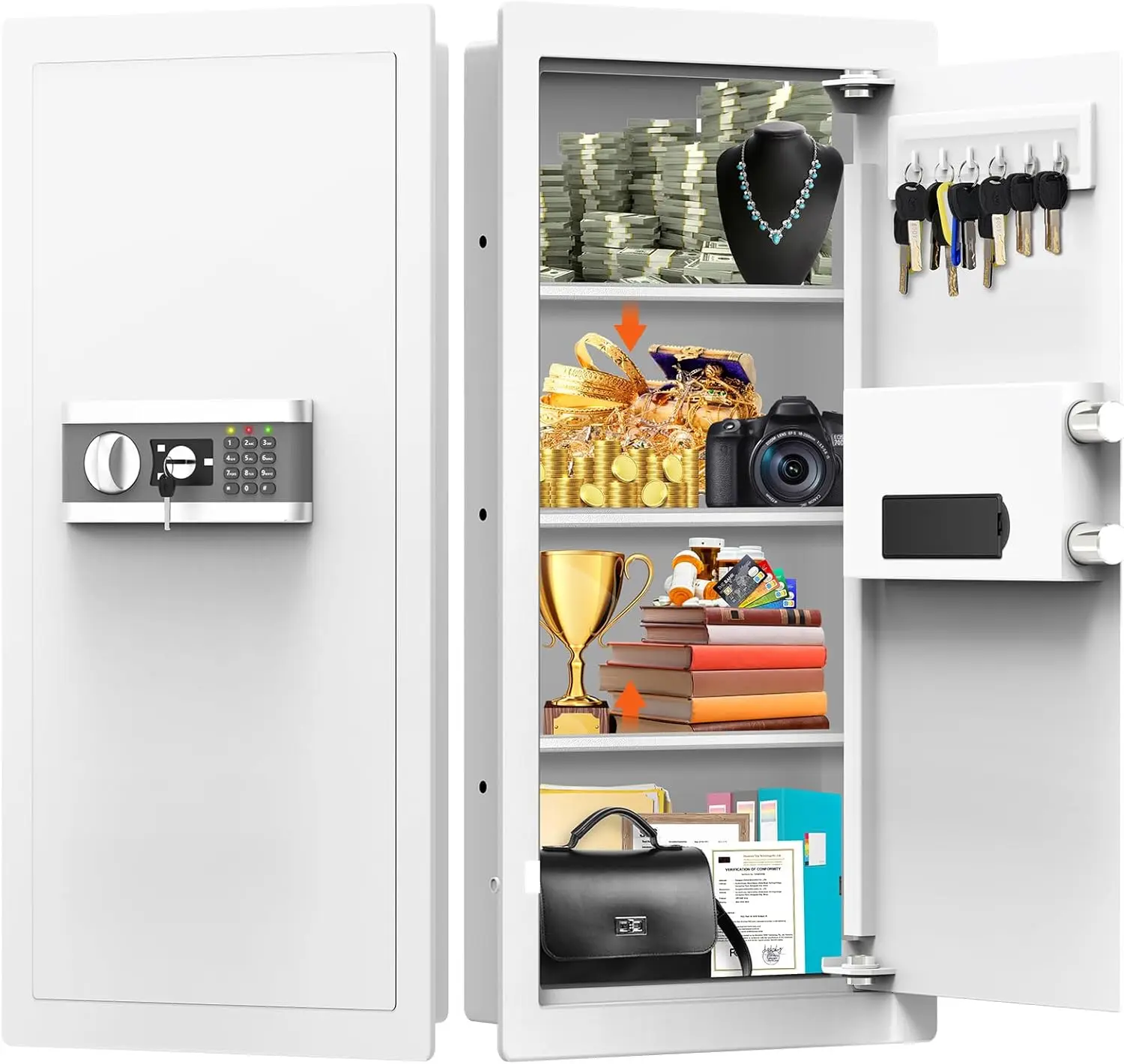 

31.5" Tall Fireproof Wall Safe Between Studs, Hidden with 3 Shelves & Silent Mode for Money Jewelry Documents (White)