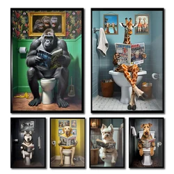 Cute Animal Giraffe Orangutan Raccoon In The Toilet Reading Dog  Wall Art Poster Living Room Home Decor No Frame