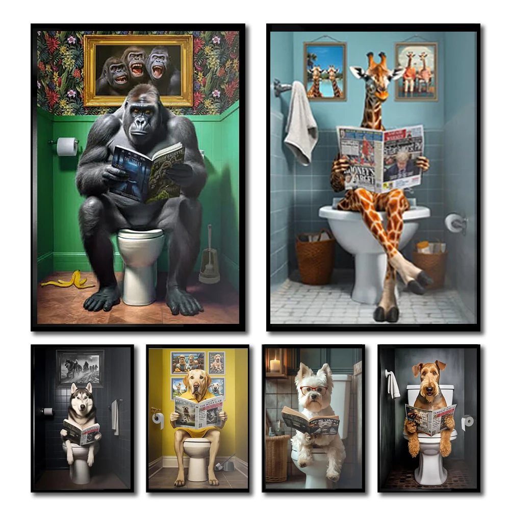 Cute Animal Giraffe Orangutan Raccoon In The Toilet Reading Dog  Wall Art Poster Living Room Home Decor No Frame